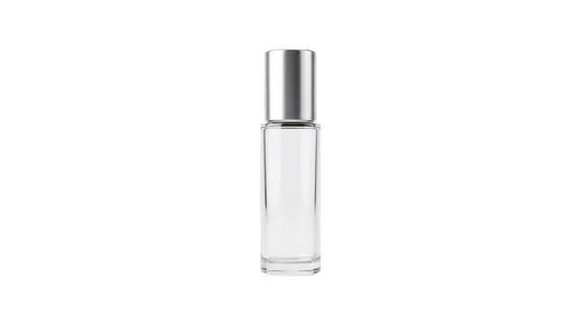 Minimalist glass roller bottle with silver cap, clear essential oil roll-on container, professional cosmetic packaging for perfume and aromatherapy isolated PNG with Transparent Background