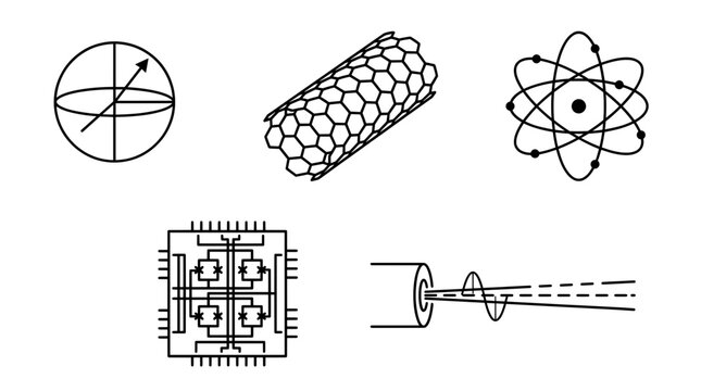 Quantum Computing and Physics Vector Line Art Icons Featuring Bloch Sphere Carbon Nanotube Atom Model Quantum Chip Laser Waveguide.