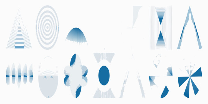 Collection of abstract geometric patterns in shades of blue on white background