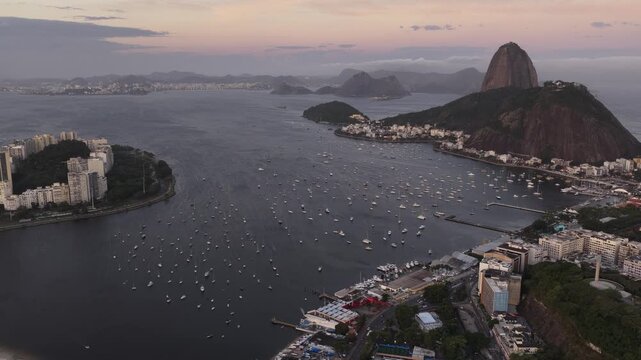 Aerial view of Botafogo Bay and Sugarloaf Mountain at dawn in Rio de Janeiro, Brazil.