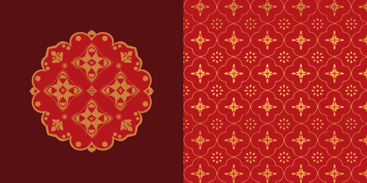 Red and gold floral ornament with repeating geometric pattern