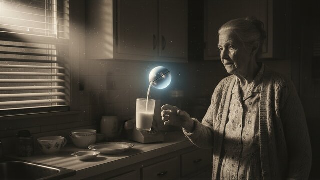 Elderly woman watching a metallic alien sphere pouring milk into a glass in a kitchen. Mysterious extraterrestrial encounter in a home. Science fiction concept of contact with alien life.