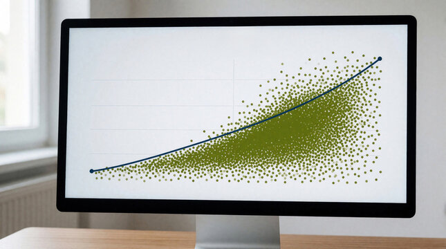 Computer monitor displays data analytics visualization with green scatter plot, trend line. Business pro analyzes financial growth, statistics, statistical regression on screen. Digital chart shows