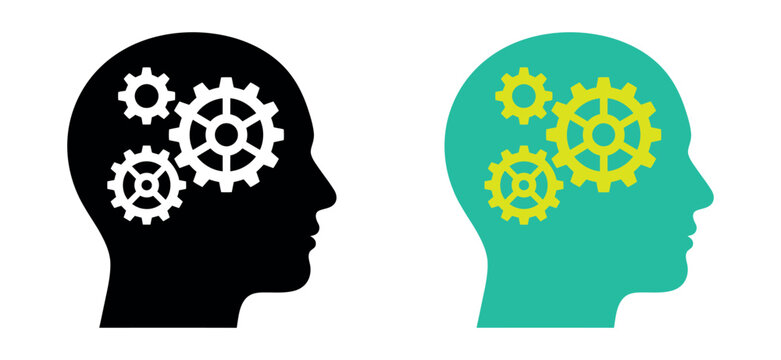 Two human head profiles featuring internal gear mechanisms representing critical thinking cognitive processes mental health and engineering creativity concepts