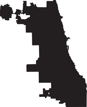 Black silhouette map of chicago city showing the official administrative boundaries on a plain white background