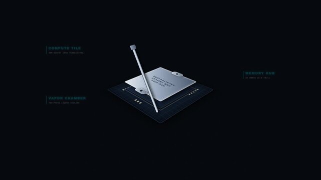 Ultra-detailed 2.5D isometric 3/4 view engineering teardown animation of a next-generation AI accelerator processor. 