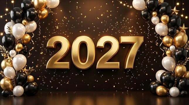 Celebrate the arrival of 2027 with shimmering gold festive balloons and a bright hopeful new year