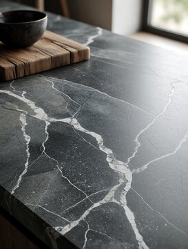 Dark grey soapstone countertop with white marbling pattern. Natural stone surface for modern kitchen interior design. Wooden cutting board and bowl rest on top.