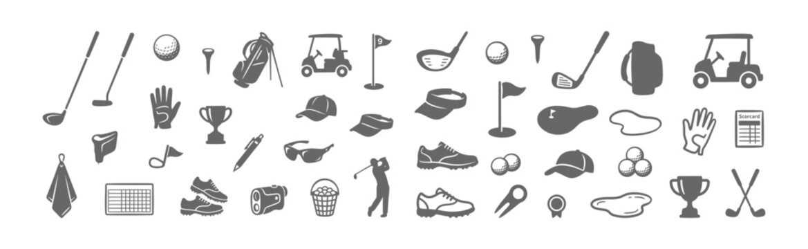 a set of flat grey golf icons depicting various equipment and accessories on a white background
