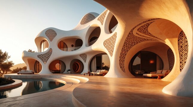 Curvy organic architecture building with Moroccan patterns and geometric cutouts. Luxury villa with pool and modern furniture, bathed in warm sunset light.