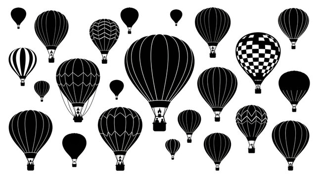 Set of Black Hot Air Balloon Silhouettes Isolated on White Background