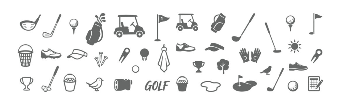 A collection of flat grey vector icons representing various golf equipment and course elements