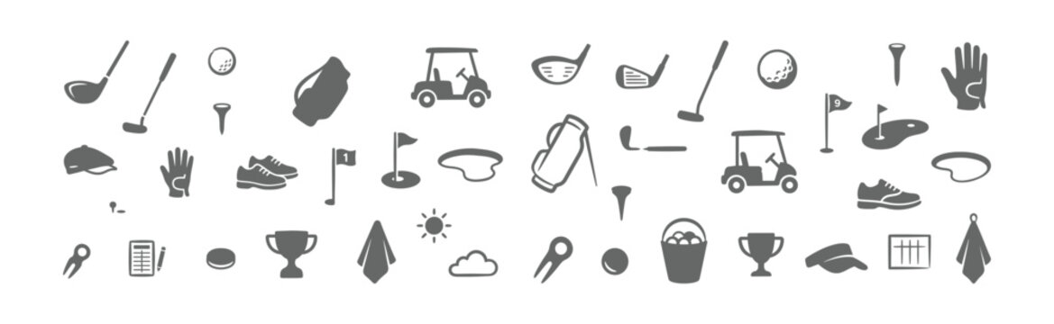 A collection of flat grey vector icons depicting various golf equipment and course elements