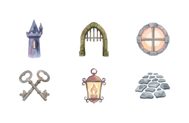 Obraz premium Watercolor Haunted Castle Icon Set with Tower Gate Key and Lantern