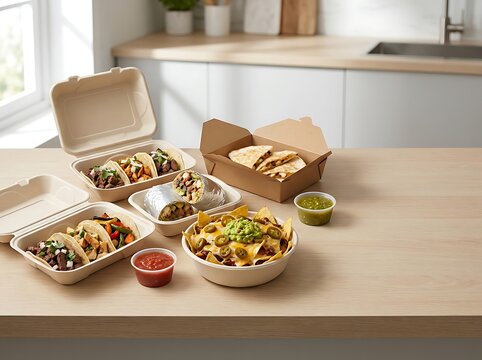 Mexican food takeout meal with tacos nachos and quesadillas in containers on a kitchen table. mexican takeout 