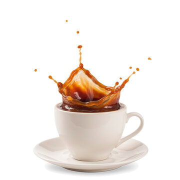 Dynamic splash of fresh black coffee erupting from white ceramic cup and saucer on white background