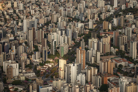 Aerial view of the dense urban skyline of Belo Horizonte, featuring high-rise buildings, streets, and trees under warm golden hour light. Belo Horizonte, Minas Gerais, Brazil.