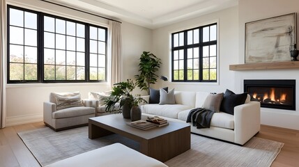 Fototapeta premium Modern living room with white sofa black framed fireplace and indoor plants under natural daylight