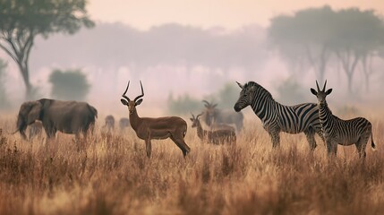 Fototapeta premium A serene savanna scene featuring zebras antelopes and elephants amidst tall golden grass under soft morning light