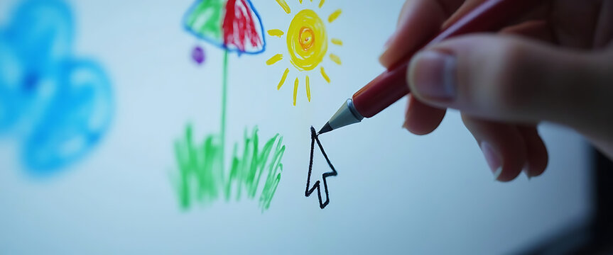 Person uses digital stylus to draw on interactive screen with creative colorful artwork and cursor.