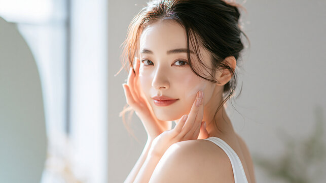鏡の前でスキンケアをしている女性のポートレート。美容用素材