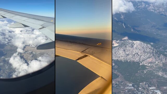 View from window on clouds and mountains, airplane wing, blue sky, majestic peaks, peaceful flight.