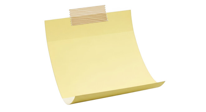 Yellow adhesive note with masking tape, blank paper memo on white background, curled sticky note for office reminders and business communication