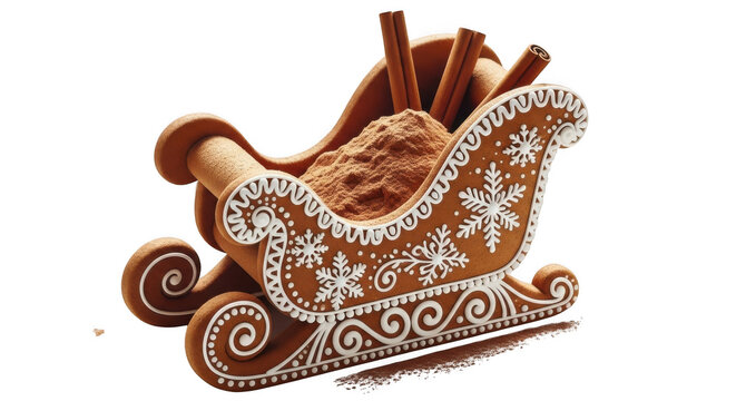 Gingerbread Christmas sleigh with white icing, festive holiday cookie sled filled with cocoa powder and cinnamon sticks, winter dessert on white background