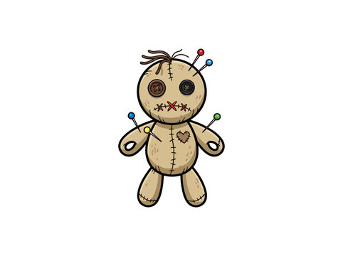 Stitched Beige Voodoo Doll With Button Eyes, Heart Patch, Yarn Hair, Colorful Pins, And Handmade Fabric Texture For Halloween And Fantasy Craft Themes, Vector Illustration