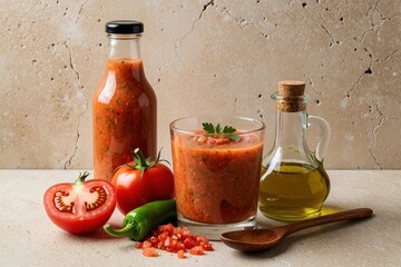 Obraz premium Cold Andalusian gazpacho soup in glass bottle and serving glass. Fresh tomatoes green pepper and olive oil served with wooden spoon. Minimalist composition on beige stone.