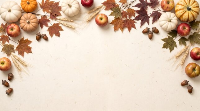 Arch shaped autumn border with pumpkins and seasonal leaves