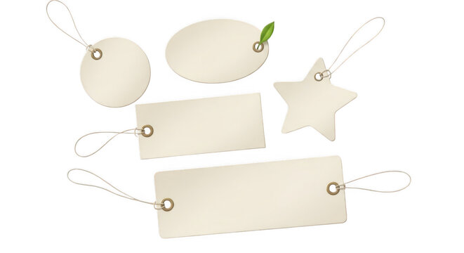 Eco-friendly paper gift tags set, blank recycled cardboard labels with string, organic craft price tags for sustainable branding and retail packaging