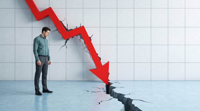 A man observes a large red arrow graph crashing through a cracked floor, symbolizing economic recession or failure.