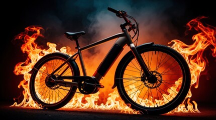 Obraz premium Electric bike engulfed in flames, smoke rising. Represents dangers of battery fires, need for safety. Highlights electrical vehicle risks and modern transport hazards. Serious issue of fire.