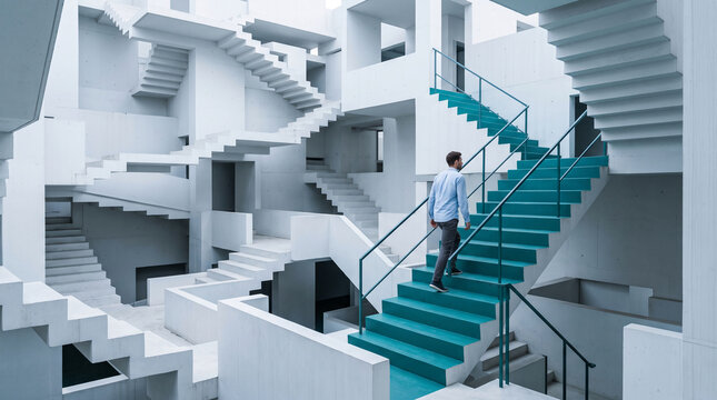 A man ascends turquoise stairs in a white, geometric concrete structure, symbolizing progress, ambition, and architectural design, ideal for business concepts.