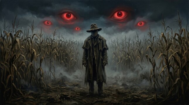 A mysterious figure in a trench coat stands in a cornfield under a stormy sky filled with eerie red eyes. This image evokes themes of horror, suspense, supernatural mystery.