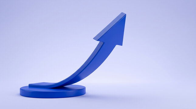 Blue arrow on podium curving upwards, symbolizing growth, success, and positive trend in business or finance concepts, with free space for text