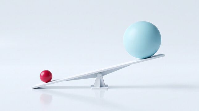 A small red ball and a large blue ball on a seesaw, symbolizing imbalance and contrast, perfect for concepts of disparity or difference.