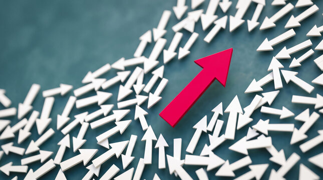 Red arrow leading a group of white arrows, symbolizing leadership, direction, and going against the crowd, representing innovation and unique pathfinding