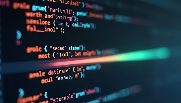 Abstract glowing lines of code on dark screen, representing technology and programming.