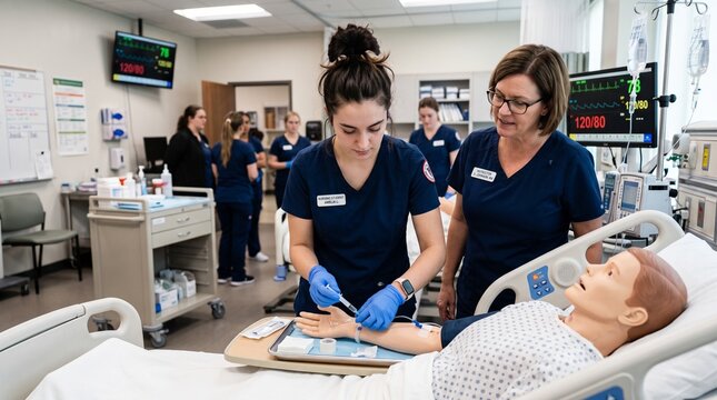 Nursing students practicing clinical skills on medical mannequin, female healthcare trainees in blue scrubs, hospital simulation lab with monitors and equipment