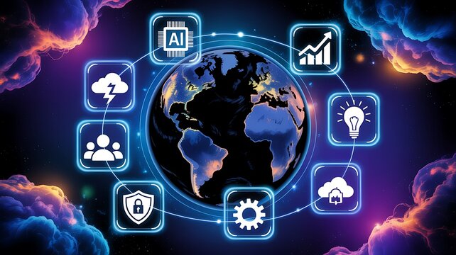 Artificial intelligence technology concept with connected digital icons around globe
