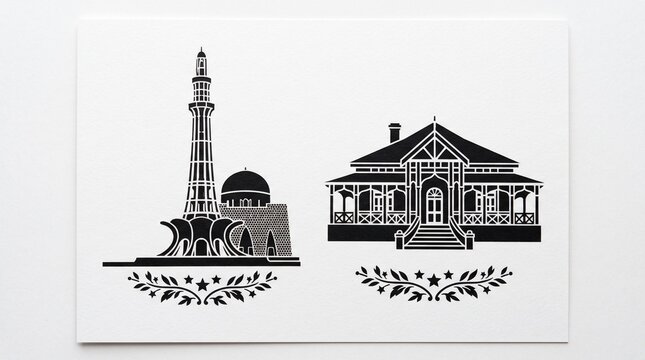 Black and white silhouette icons of Minar-e-Pakistan and Quaid-e-Azam Residency isolated on a white background