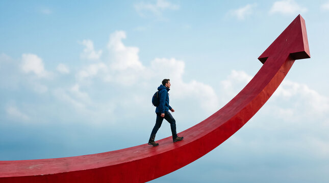Man walks on a large red arrow pointing upward against a cloudy sky, symbolizing progress, ambition, and success.