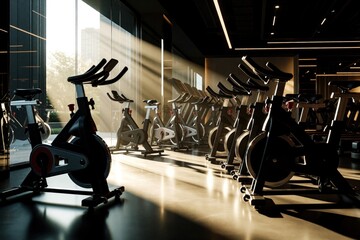 Fototapeta premium Row of modern exercise bikes in gym. Sunlight streams through large windows illuminating workout equipment. Indoor fitness studio prepared for spin class.