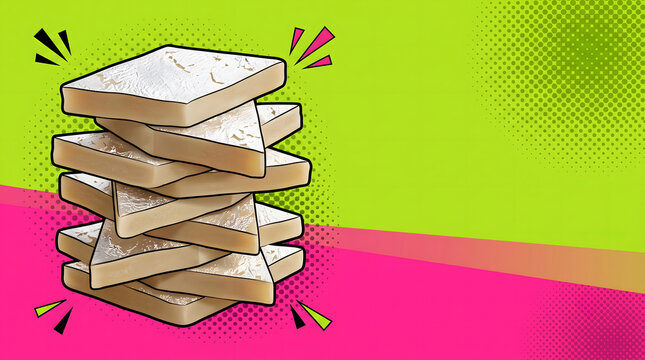 Premium kaju katli stack with edible silver leaf in a colorful retro pop-art setting.