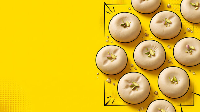 Traditional Indian pedha in a bright retro pop-art composition with clean copy space.