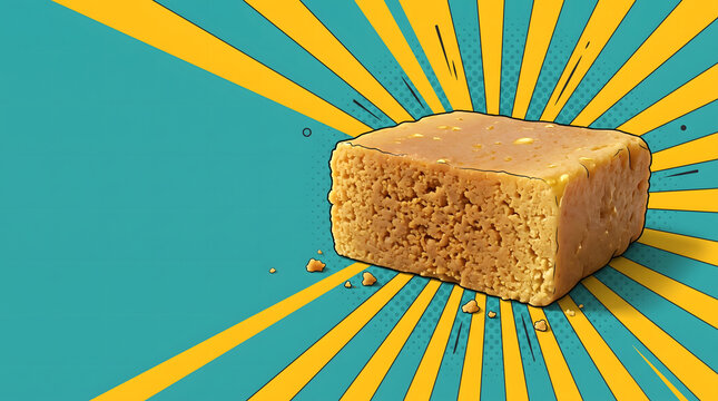 Rich Mysore pak slice in a bold retro poster design with teal and golden accents.
