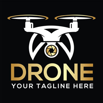 Golden drone photography logo vector template with camera shutter aperture icon on black background