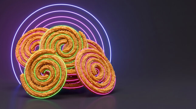 Crispy Indian chakli with neon lighting and futuristic concentric circle graphics.